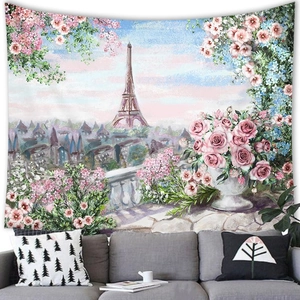 Romantic oil painting style Eiffel Tower wall tapestry hanging above a grey sofa