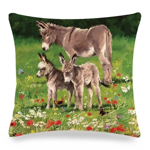 Funda de cojín de lino con pintura al óleo de burro y flores coloridas de jardín