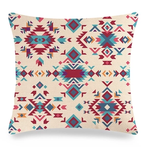 Housse de coussin en lin avec motifs ethniques géométriques colorés pour canapé