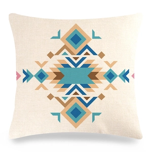 Housse de coussin en lin avec motif géométrique tribal bleu et marron sur fond beige