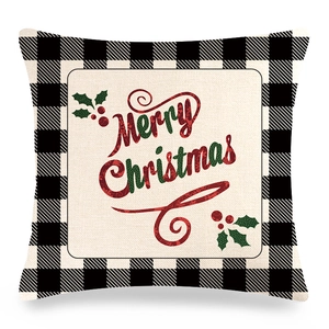 Détail de la taie d'oreiller de Noël en lin avec bordure à carreaux noirs et blancs