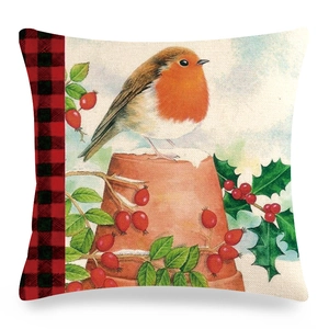 Linen pillow cover detail with realistic robin print and red buffalo plaid side panel