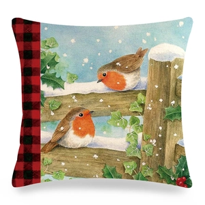 Detailed texture of winter robin linen pillowcase with red plaid edge and snow illustration
