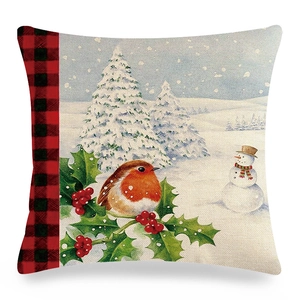 Macro detail of linen texture on winter robin and snowman Christmas cushion cover