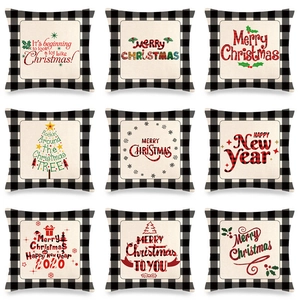 Taie d'Oreiller de Noël en Lin Carreaux Buffalo Housse de Coussin Décorative Pour Canapé Merry Christmas Imprimé Lettres