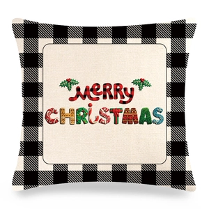 Housse de coussin de Noël en lin avec bordure à carreaux noirs et blancs et texte festif