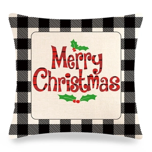 Housse de coussin de Noël en lin avec motif à carreaux et texte Merry Christmas