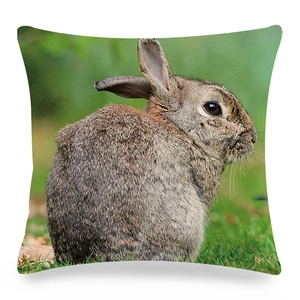Detailed view of linen cushion cover showing realistic rabbit print on green grass