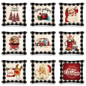 Christmas Linen Pillowcase Buffalo Plaid Border Santa Claus Tree Camper Print Decorative Square Throw Cushion Cover For Sofa Home Decor