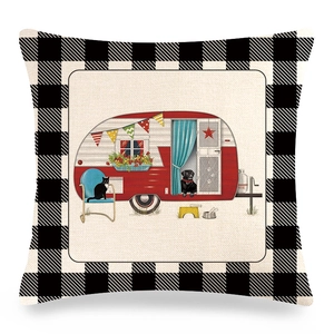 Christmas buffalo plaid linen pillowcase featuring a red vintage camper and pets design