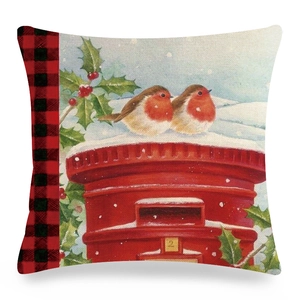 Linen Christmas pillow case with robins on red mailbox and red black plaid trim