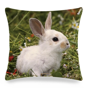 Linen cushion cover with realistic rabbit and meadow design for modern home decor