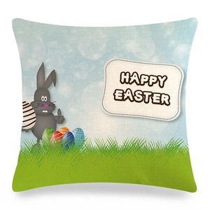 Macro detail of Easter bunny linen pillowcase showing textured fabric and Happy Easter print