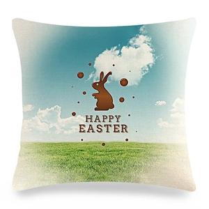 Detail of linen texture showing a brown rabbit silhouette and Happy Easter text