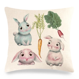 Detail of linen cushion cover showing cute hand-drawn Easter bunnies and carrots texture