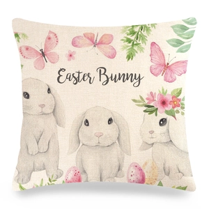 Detailed macro view of the linen texture and watercolor Easter bunny print on the pillowcase