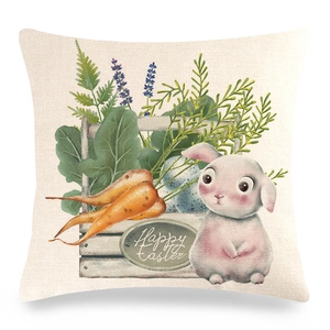 Detailed texture of linen Easter pillowcase featuring a cute rabbit and carrot illustration