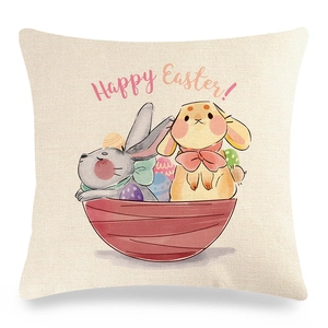 Detail of linen Easter pillowcase featuring two cartoon bunnies and Happy Easter text