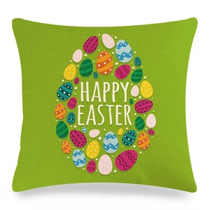 Λεπτομέρεια από λινή μαξιλαροθήκη Happy Easter με πολύχρωμα αυγά σε πράσινο φόντο