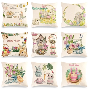 Easter Bunny Linen Throw Pillow Case Happy Easter Decorative Cushion Cover For Sofa Living Room Home Decor Square