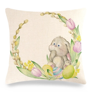 Easter rabbit linen pillowcase with watercolor bunny and floral wreath on beige fabric