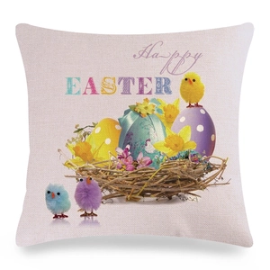 Detailed macro view of linen fabric texture on Easter themed colorful egg pillow cover