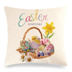Close-up of Easter linen pillowcase with yellow chick and floral egg basket print