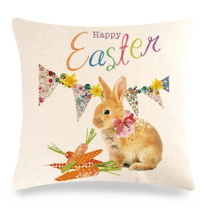 Close-up of Happy Easter linen pillowcase with bunny, carrot, and floral flag pattern