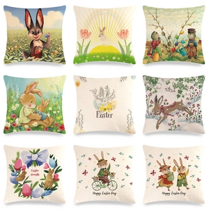 Easter Bunny Linen Cushion Cover Cartoon Rabbit Floral Print Decorative Pillowcase For Sofa Living Room Home Decor