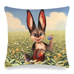 Easter bunny linen pillowcase with rabbit carrying flower basket and colorful eggs