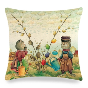 Linen Easter pillowcase featuring cartoon rabbits and garden cat illustration print