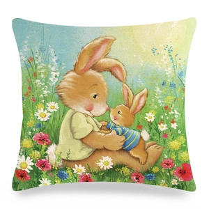 Detail of Easter linen pillowcase showing a cartoon rabbit hugging its bunny on grass