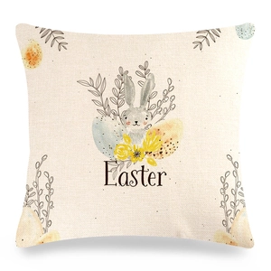 Detail of Easter pillow cover showing natural linen texture and vintage rabbit print