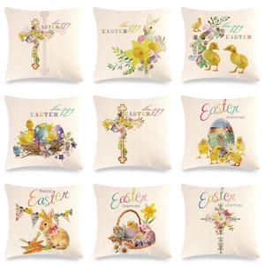 Easter Linen Cushion Cover Square Decorative Pillowcase Bunny Chick Egg Flower Print Throw Pillow Case For Sofa Home Decor