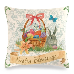 Oster-Leinenkissenbezug mit Hase, bunten Eiern und Blumenmuster für die Dekoration