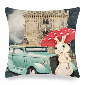 Osterhase und Oldtimer-Illustration auf Leinen-Kissenbezug für die Heimdekoration