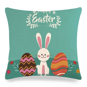 Dettaglio della federa in lino con coniglio bianco, uova e stampa Happy Easter