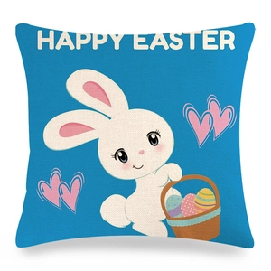 Close-up of Easter linen pillow cover with cute bunny basket print and woven texture
