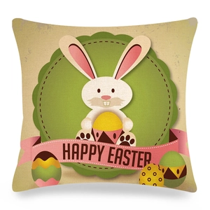 Detailed texture of linen Easter pillowcase featuring a cute bunny and Happy Easter text