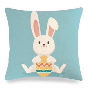 Detailed view of linen texture on Easter pillow cover with cute rabbit and egg print