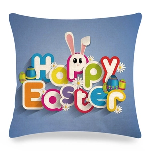 Light blue Easter linen pillow cover with Happy Easter text and bunny floral prints