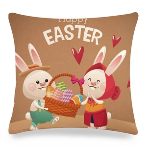 Detail showing the linen texture and festive rabbit print on the Easter cushion cover