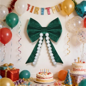 Dark green velvet bow decoration with white imitation pearls for festive party backdrop