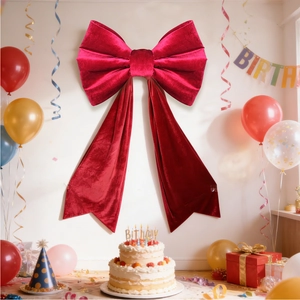 Detail of giant red velvet bow decoration with long ribbons for party backdrop