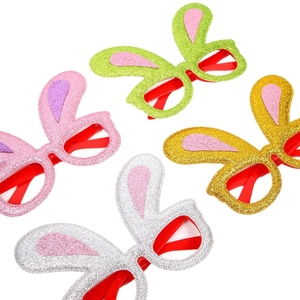 Set of four glitter bunny ear party glasses in pink, green, gold, and silver for Easter