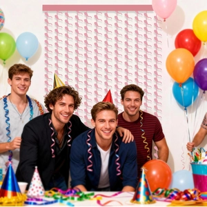 Pink spiral foil fringe curtain backdrop for bachelor parties and festive wall decor