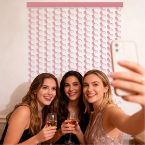Pink flamingo fringe curtain backdrop used by women for birthday party selfie photos