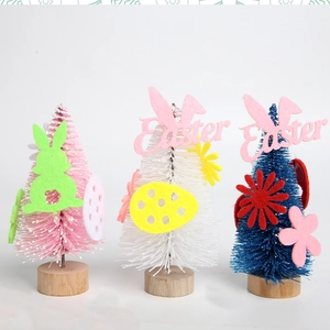 Three mini Easter sisal trees with bunny ornaments and round wooden bases for desk decoration