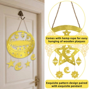 Gold wooden Ramadan Mubarak plaque with hollow star moon and lantern hanging ornaments