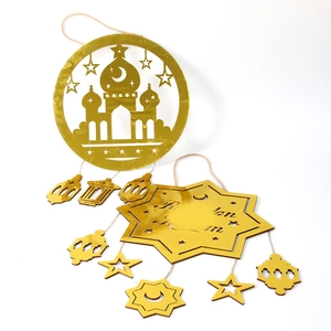 Mirror gold Ramadan Kareem star and moon hanging decor with hollow mosque design